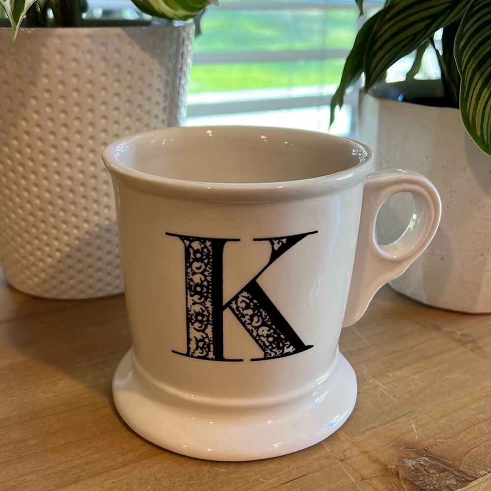 Anthropologie Mug K Initial Shaving Barber Cup Monogram White Black Boho 12 oz - Picture 3 of 7